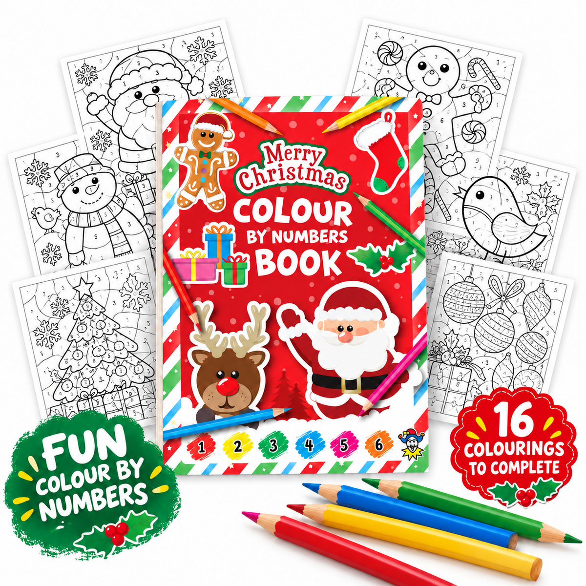 Christmas-themed 'Colour by Numbers Book' shown with several black-and-white holiday coloring pages, colored pencils, and promotional badges. The cover features Santa Claus, a reindeer, a gingerbread man, a stocking, and festive illustrations on a red background.