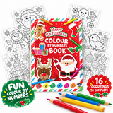 Christmas-themed 'Colour by Numbers Book' shown with several black-and-white holiday coloring pages, colored pencils, and promotional badges. The cover features Santa Claus, a reindeer, a gingerbread man, a stocking, and festive illustrations on a red background.