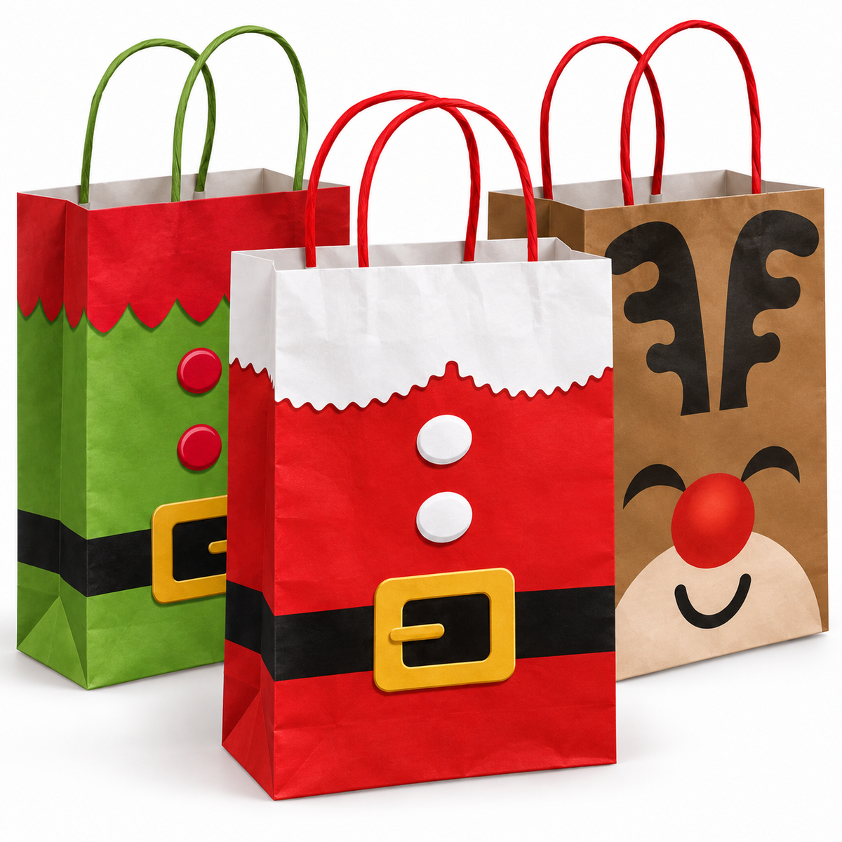 Three Christmas-themed paper gift bags with handles, arranged in front of a white background. The left bag is green with red and black accents resembling an elf's body.