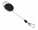 A retractable clip badge reel with a black circular reeling body, a silver metal carabiner clip at the top, a black cord, and a silver metal carabiner at the end, shown on a plain white background.