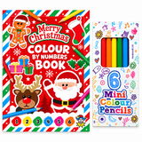 Christmas-themed coloring book by numbers shown next to a box of six mini color pencils. The book has festive illustrations including Santa Claus, a reindeer, a gingerbread man, a stocking, gifts, and numbered coloring pages at the bottom.