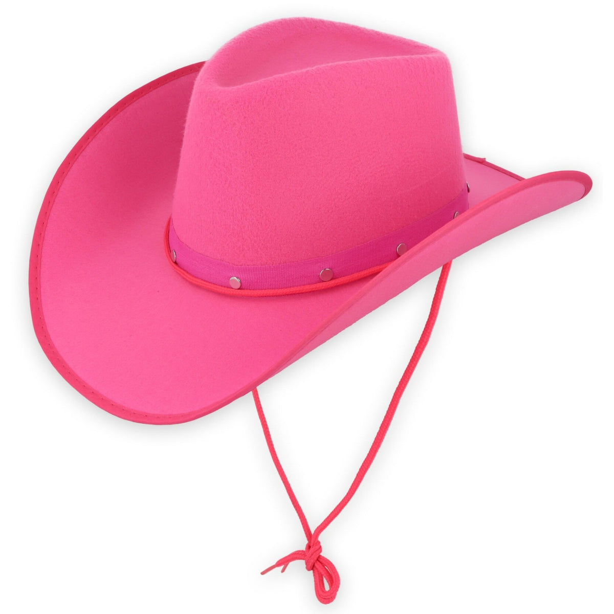 Pink cowboy hat with a band and tie on a white background