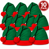 Ten green and red elf hats arranged in two rows on a white background, with a circular '10 Pack' badge in the top right corner.