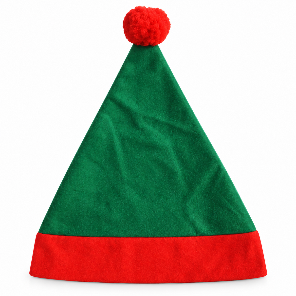 A festive felt Santa hat with a green body, red brim, and red pom-pom on top, shown against a plain white background.