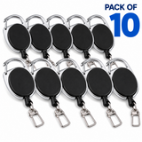 Ten black retractable badge reel keychains arranged in two rows on a white background, with a blue 'PACK OF 10' text overlay in the top right corner.