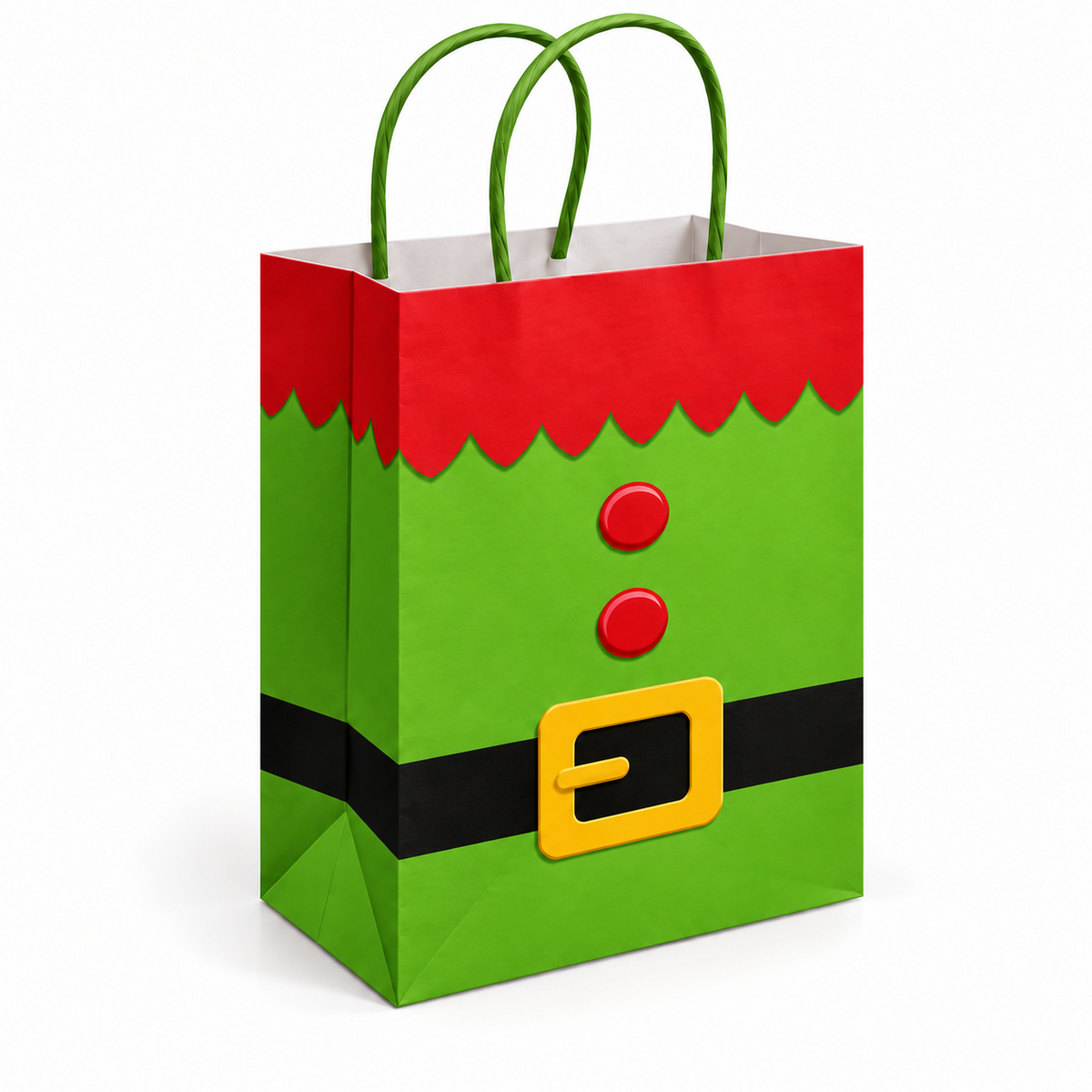 An elf-themed paper gift bag with green handles, featuring a bright green body, a red top section, a black belt, and a yellow buckle detail, shown on a plain white background.