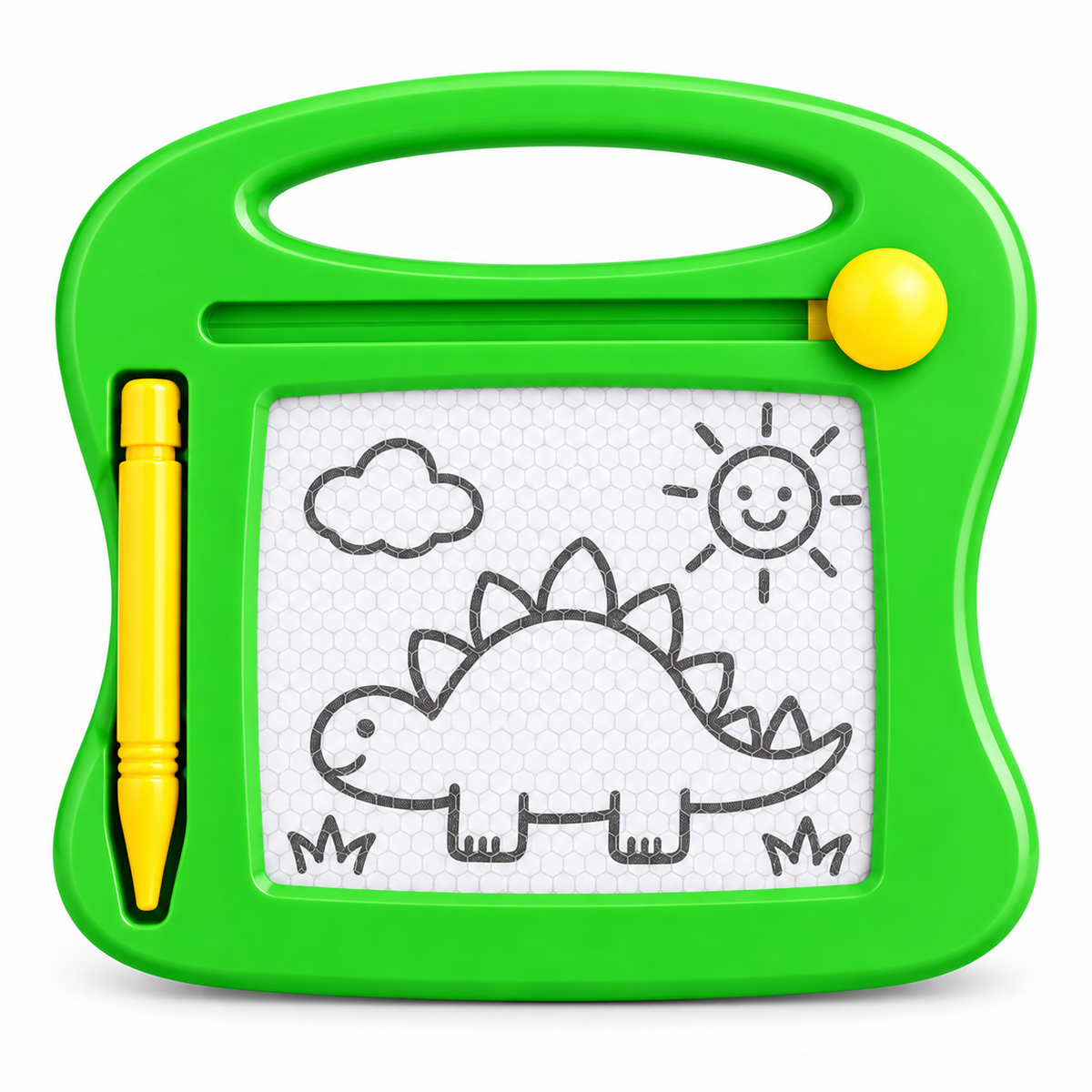 A bright green children's magnetic drawing board with a handle, a yellow stylus, and a white writing surface showing a simple dinosaur, cloud, and sun drawing.