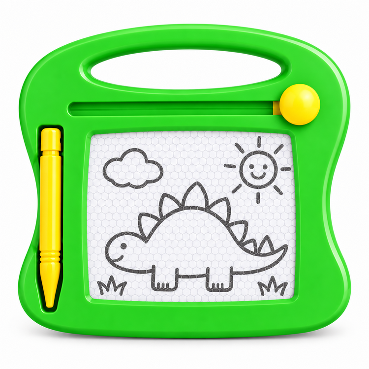 A bright green children's magnetic drawing board with a handle, a yellow stylus, and a white writing surface showing a simple dinosaur, cloud, and sun drawing.