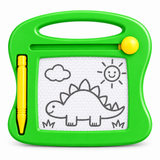 A bright green children's magnetic drawing board with a handle, a yellow stylus, and a white writing surface showing a simple dinosaur, cloud, and sun drawing.