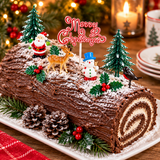 A decorated Christmas log cake on a white platter, topped with miniature Christmas trees, a Santa figure, a snowman, a bird, pinecones, holly, and a red 'Merry Christmas' topper. The cake is photographed on a wooden table with warm holiday lights and candles in the background.