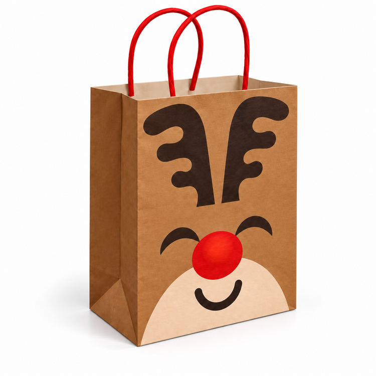 A brown kraft paper gift bag with red handles, decorated with a Rudolph the Red-Nosed Reindeer face design on the front, shown on a white background.