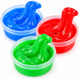 Three small clear plastic tubs filled with bright slime in blue, red, and green, each with a glossy, stretched swirl on top, photographed on a white background.
