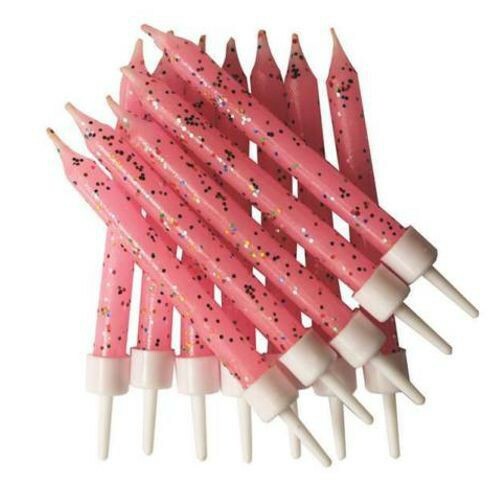 Baby Pink Cake Candles 12pk Glitter 7.5cm Happy Birthday Party Topper Decoration