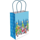 Gift bag with Christmas design featuring Santa Claus, reindeer, and trees on a blue background.