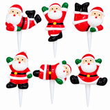 Six Santa Claus-themed plastic cupcake toppers on white picks, shown against a plain white background.