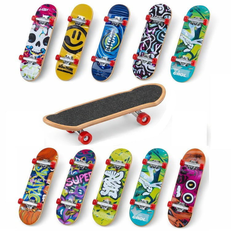 Collection of colorful mini skateboard decks with various designs on a white background.
