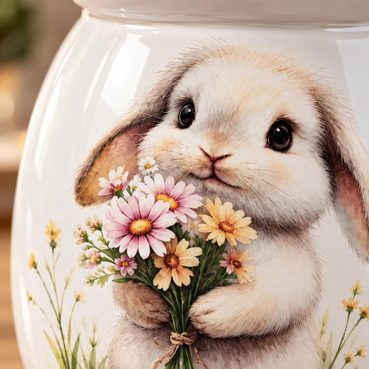 Close-up of a glossy white ceramic jar featuring a detailed illustration of a fluffy cream-colored bunny holding a bouquet of pink, yellow, and white flowers.