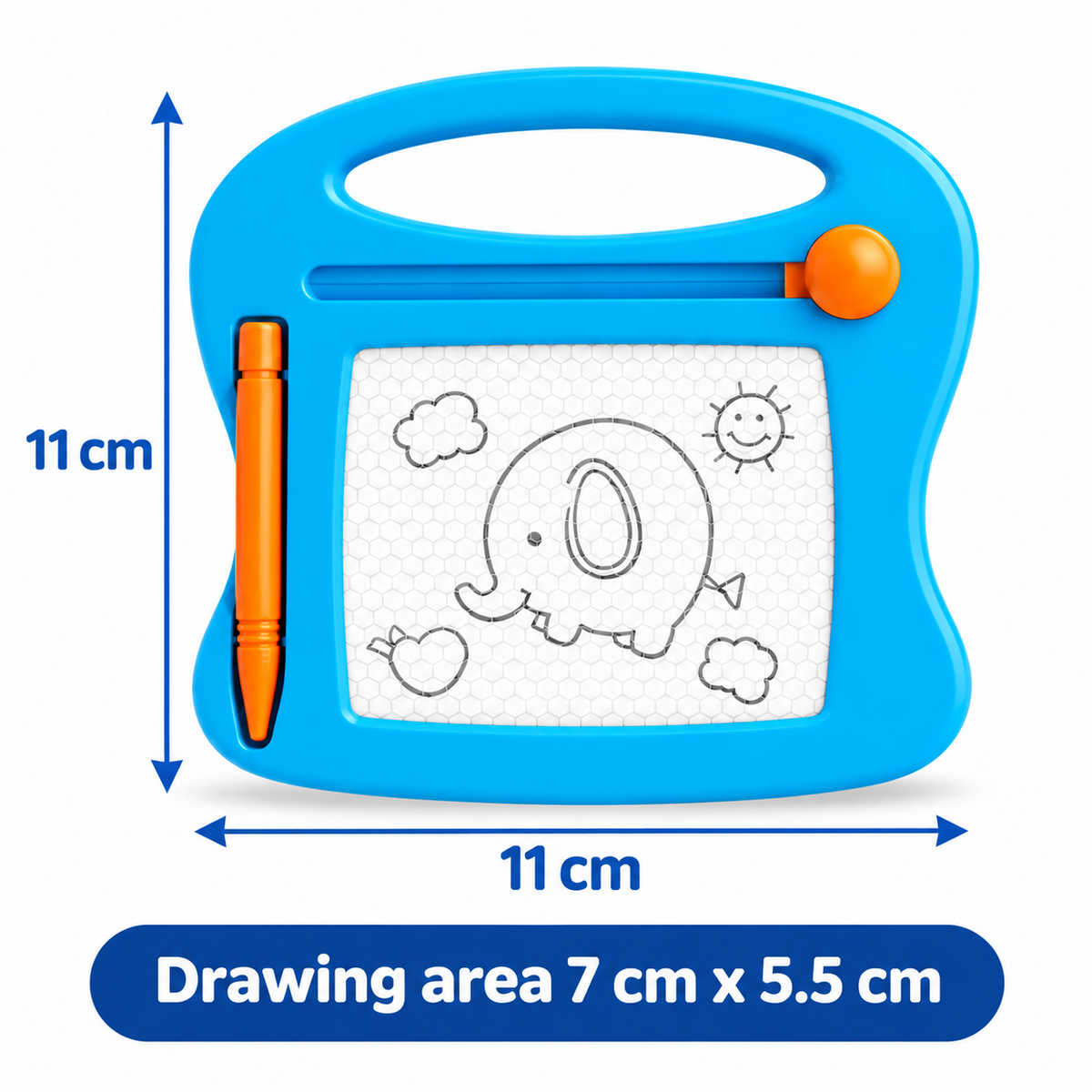 Blue magnetic drawing tablet with an orange stylus, shown with dimension arrows and text indicating a height of 11 cm, width of 11 cm, and drawing area of 7 cm x 5.5 cm on a white background.