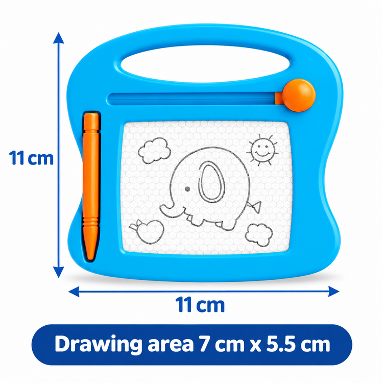 Blue magnetic drawing tablet with an orange stylus, shown with dimension arrows and text indicating a height of 11 cm, width of 11 cm, and drawing area of 7 cm x 5.5 cm on a white background.