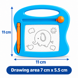 Blue magnetic drawing tablet with an orange stylus, shown with dimension arrows and text indicating a height of 11 cm, width of 11 cm, and drawing area of 7 cm x 5.5 cm on a white background.