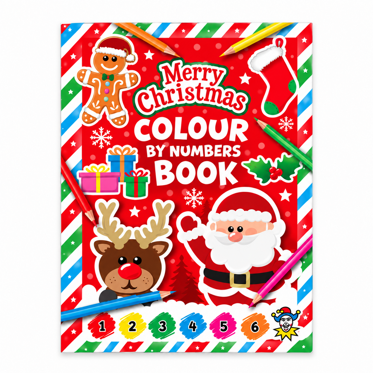 Christmas-themed coloring book cover with festive illustrations including Santa Claus, a gingerbread man, a reindeer, gifts, and colored pencils on a red striped border. The title reads 'Merry Christmas Colour by Numbers Book' with numbered color circles along the bottom.