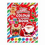 Christmas-themed coloring book cover with festive illustrations including Santa Claus, a gingerbread man, a reindeer, gifts, and colored pencils on a red striped border. The title reads 'Merry Christmas Colour by Numbers Book' with numbered color circles along the bottom.