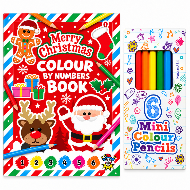 Christmas-themed coloring book by numbers shown next to a box of six mini color pencils. The book has a festive red cover with Santa, a reindeer, a gingerbread man, and numbered coloring pages.