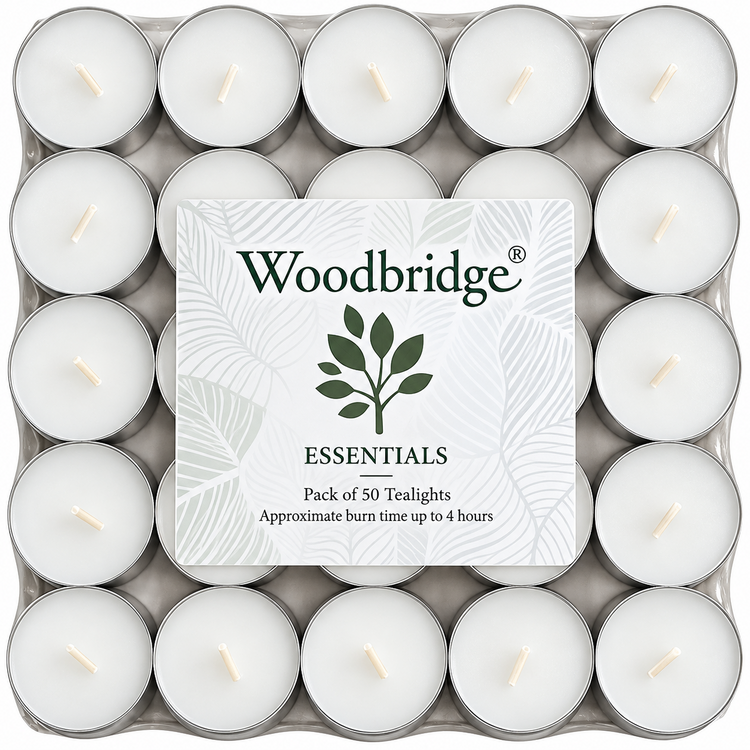 A pack of 50 Woodbridge Essentials tea lights in a clear plastic tray, with a central white label showing the brand name and leaf logo.