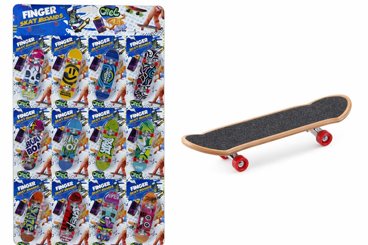 Collection of Finger Skateboards in packaging with a single skateboard on a white background