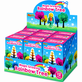 A retail display box containing twelve individual boxes of PlayHits 'Magic Growing Rainbow Tree' toy sets, arranged in a 3x4 grid. The display features bright blue, pink, and green packaging with colorful illustrations of trees and rainbows.
