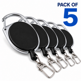 Five black retractable badge reel keychains with silver metal clips, arranged in a row on a white background, with a blue 'PACK OF 5' text overlay in the top right.