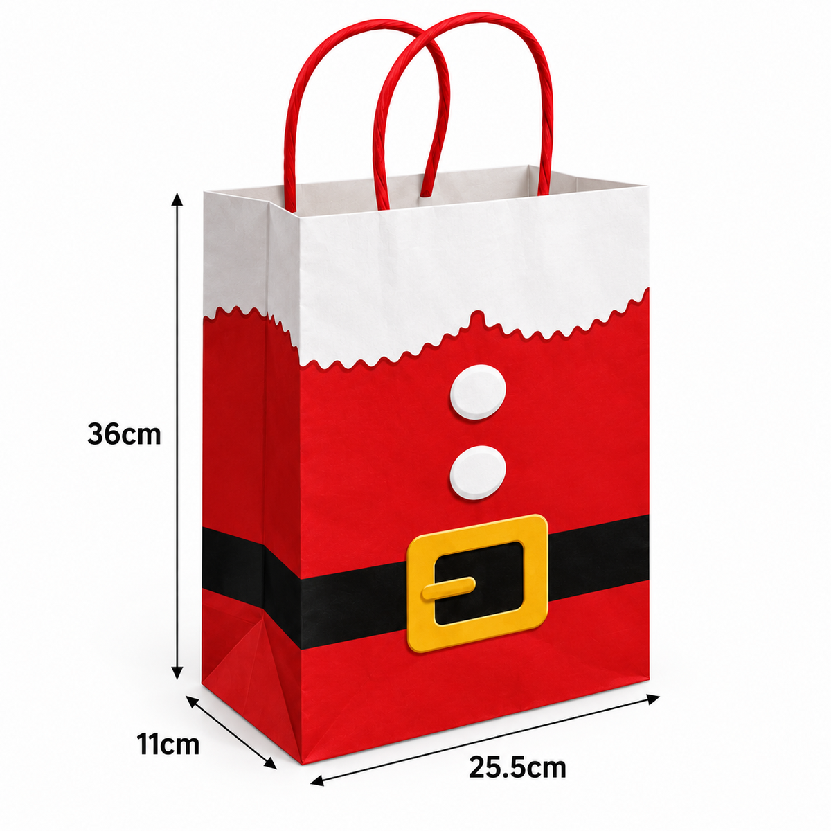 A red and white Santa Claus-themed paper gift bag with black belt and yellow buckle details, shown with dimension lines indicating 36 cm height, 11 cm width, and 25.5 cm depth on a white background.