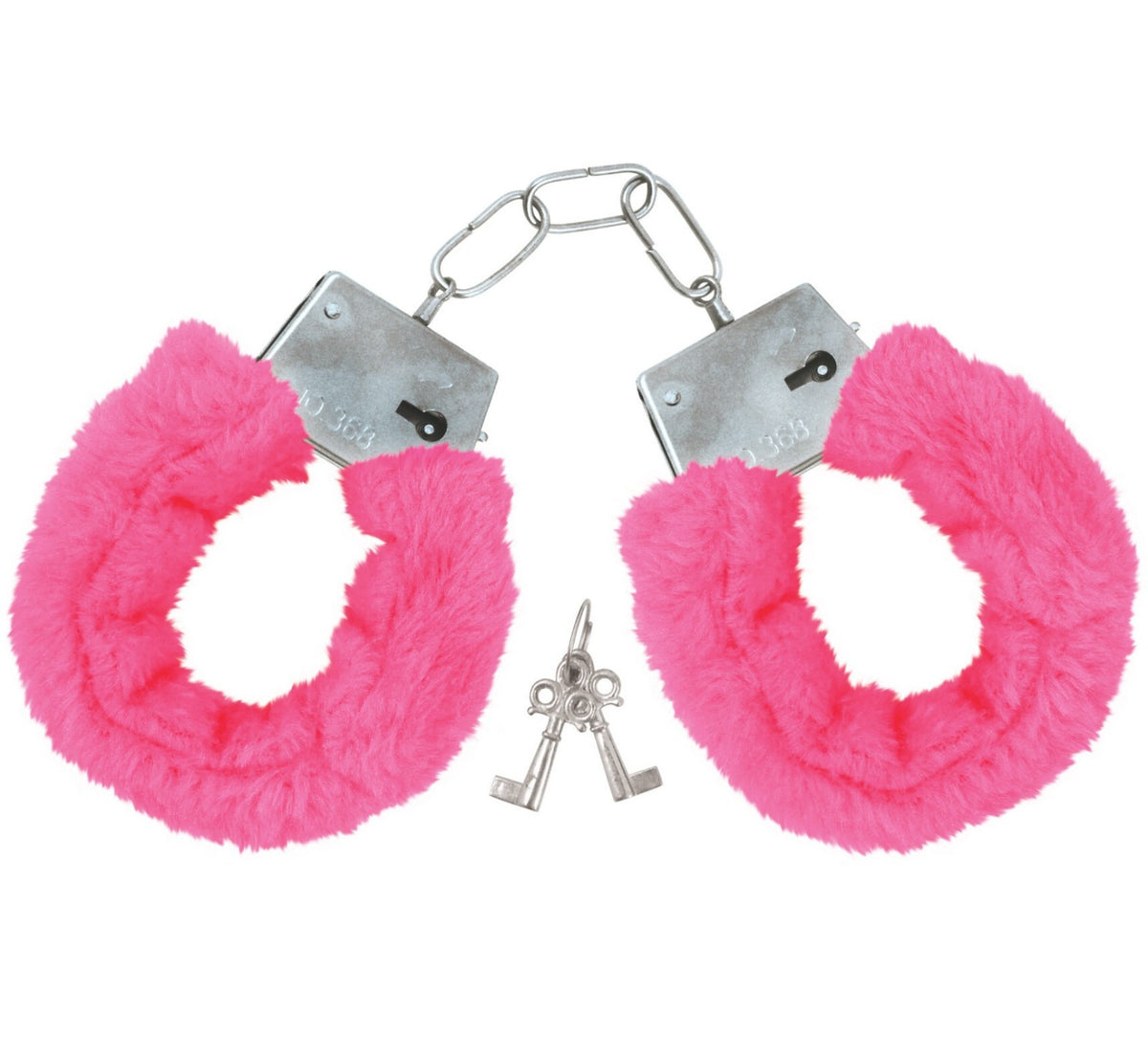 Pink fuzzy handcuffs with a key on a white background