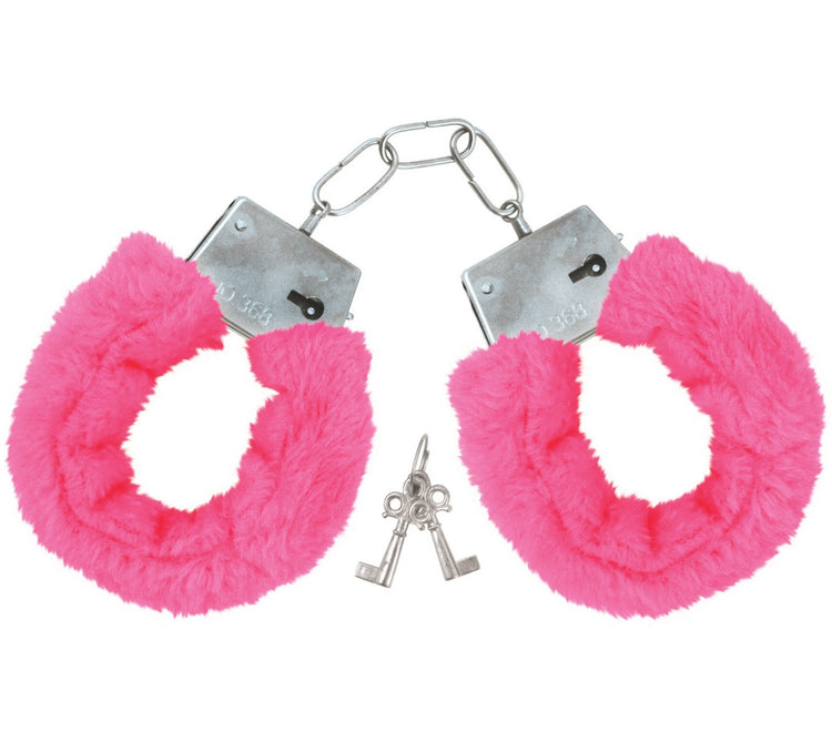 Pink fuzzy handcuffs with a key on a white background