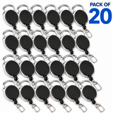 A pack of 20 retractable badge reel keychains, arranged in rows on a white background with a blue 'PACK OF 20' text overlay in the top right corner.