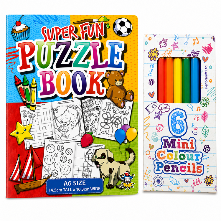 Kids Mini Puzzle Activity Book With Colouring Pencils Party Bag Filler 1-96 Pack