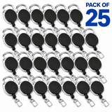 A pack of 25 black retractable badge reel keychains arranged in rows on a white background, with a blue 'PACK OF 25' text overlay in the top right.
