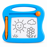 A bright blue children's magnetic drawing board toy with an orange stylus and orange button, featuring a white writing surface with black line drawings of a sun, cloud, flower, and grass.