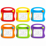 Six colorful children's magnetic drawing boards arranged in two rows on a white background. Each board has a different bright color: red, yellow, blue, orange, green, and purple.