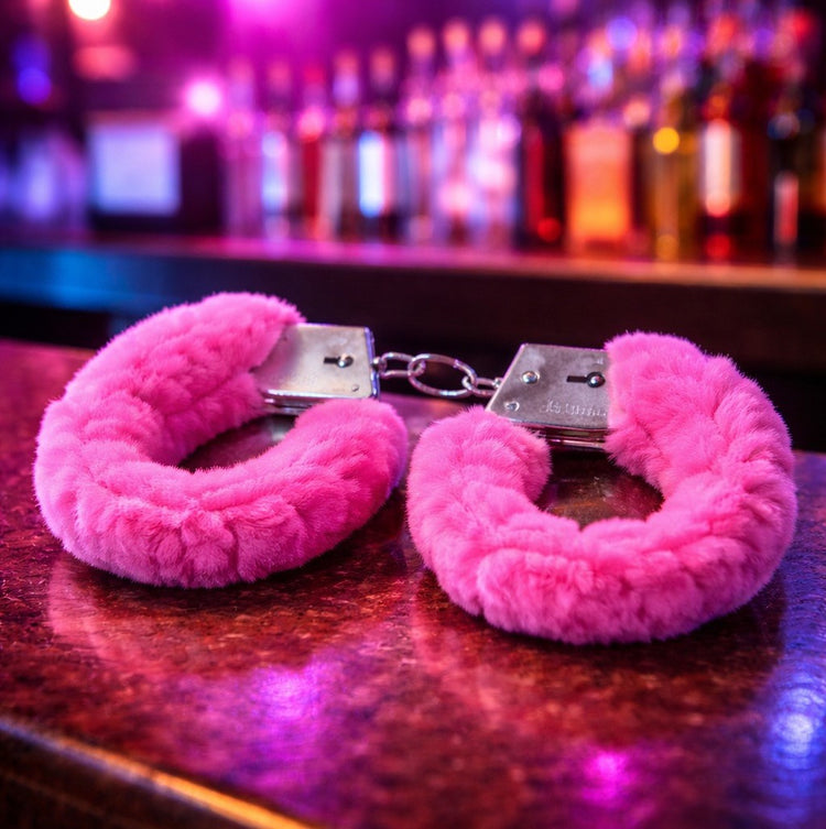 Pink fluffy handcuffs on a bar counter with blurred bottles in the background