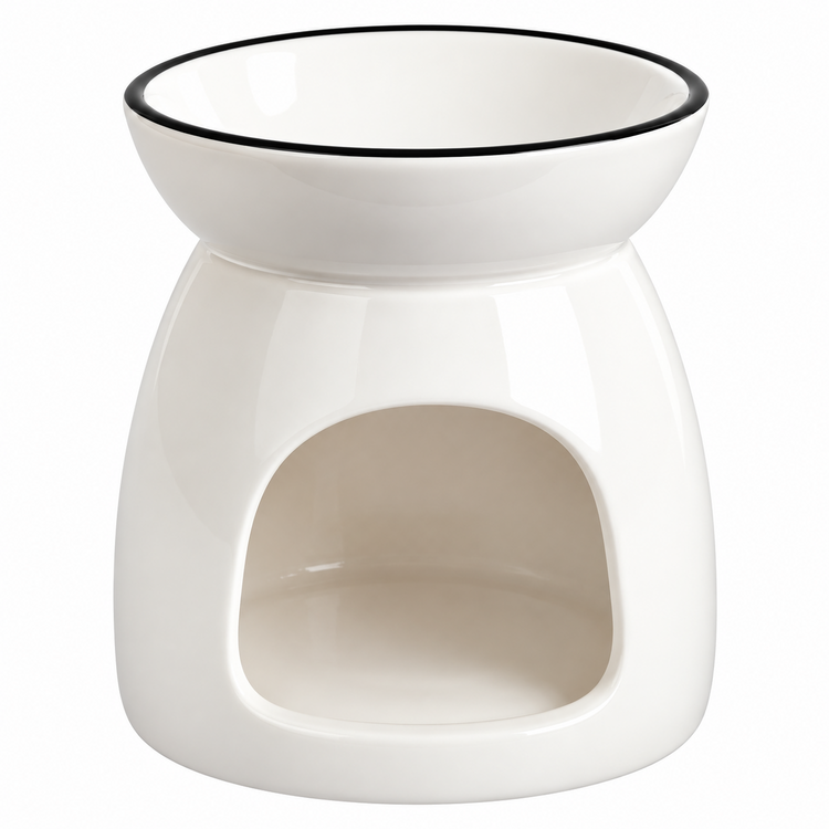 A white ceramic wax warmer and bowl set with a black rim, shown on a clean white background.