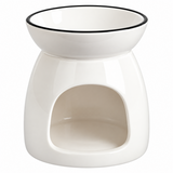A white ceramic wax warmer and bowl set with a black rim, shown on a clean white background.