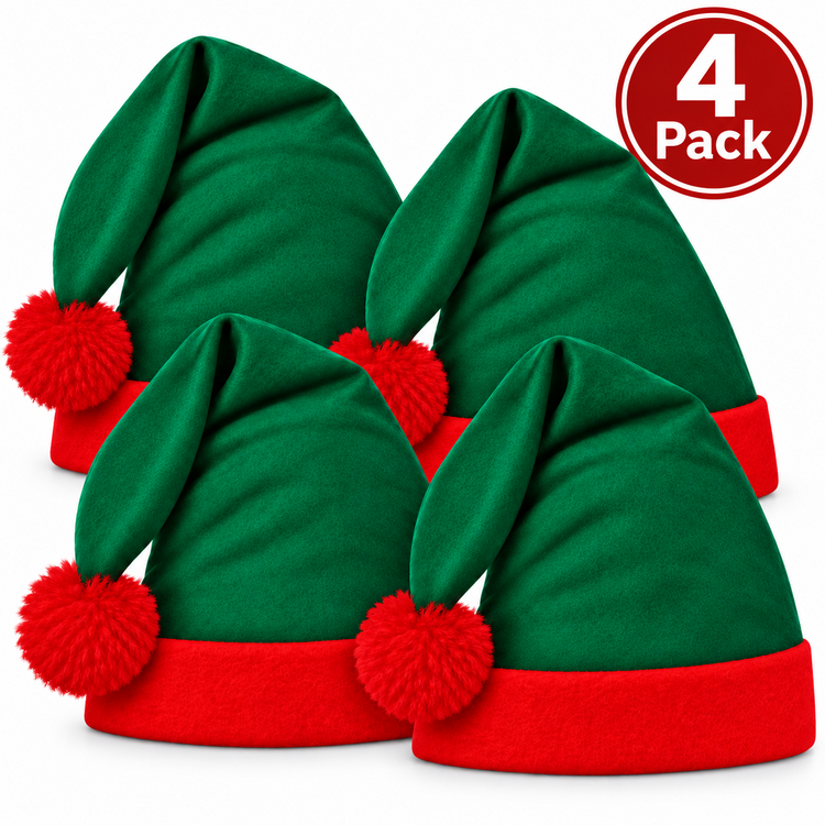 Four green elf hats with red trim and red pom-poms arranged together on a white background, with a red circular badge in the top right that reads '4 Pack'.