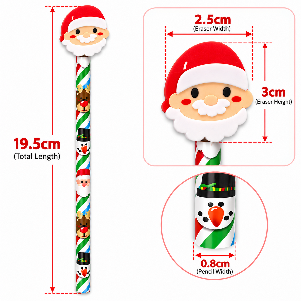 Christmas-themed pencil with Santa Claus and snowman designs on a white background, showing total length 19.5cm and close-up dimension callouts for the eraser head and pencil body.