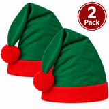 Two green and red elf hats with fluffy pom-poms, shown on a white background with a red circular badge that reads '2 Pack'.