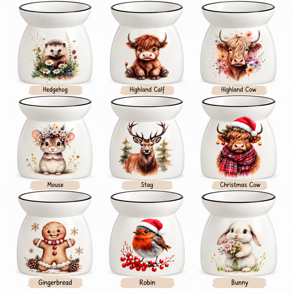 Nine ceramic wax melts or diffusers are arranged in a 3x3 grid on a white background, each with a different animal illustration and a beige label underneath. The animals include Hedgehog, Highland Calf, Highland Cow, Mouse, Stag, Christmas Cow, Gingerbread, Robin, and Bunny.