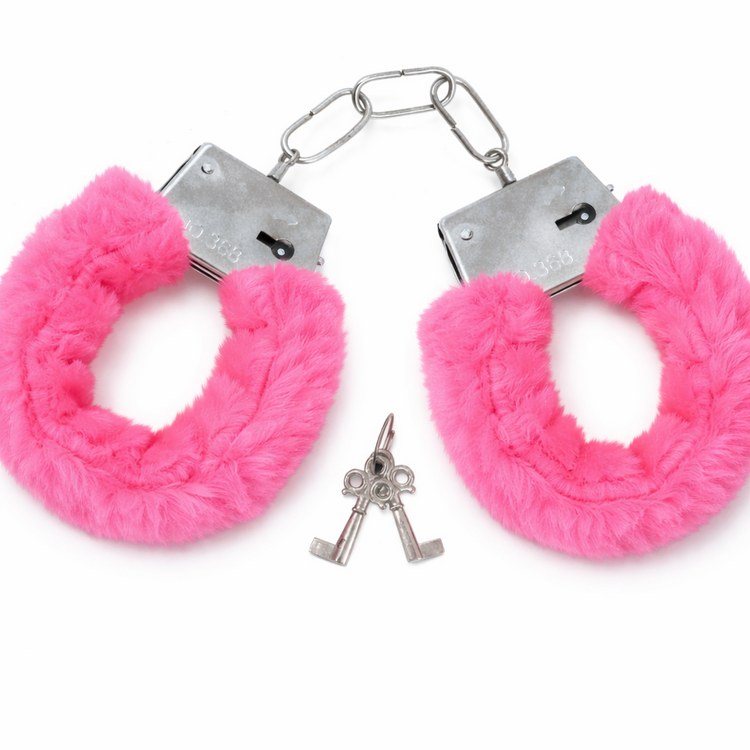Pink fluffy handcuffs with a key on a white background
