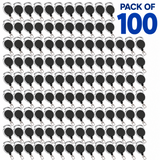 A pack of 100 black retractable badge reel keychains arranged in a grid on a white background, with a blue 'PACK OF 100' text overlay in the top right corner.