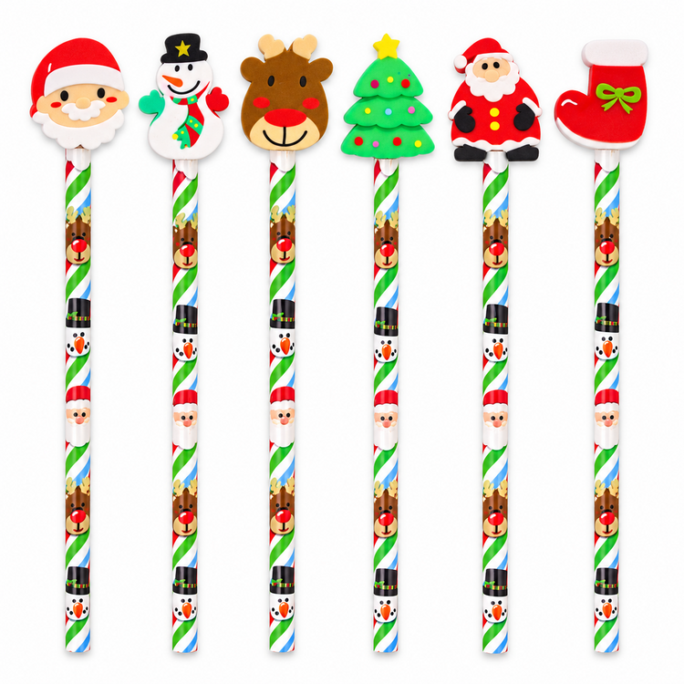 Six Christmas-themed pencils arranged vertically on a white background, each topped with a different holiday figure or decoration: Santa Claus faces, a snowman, a reindeer, a Christmas tree, another Santa figure, and a red stocking. The pencils have green-and-white striped handles with small holiday illustrations.