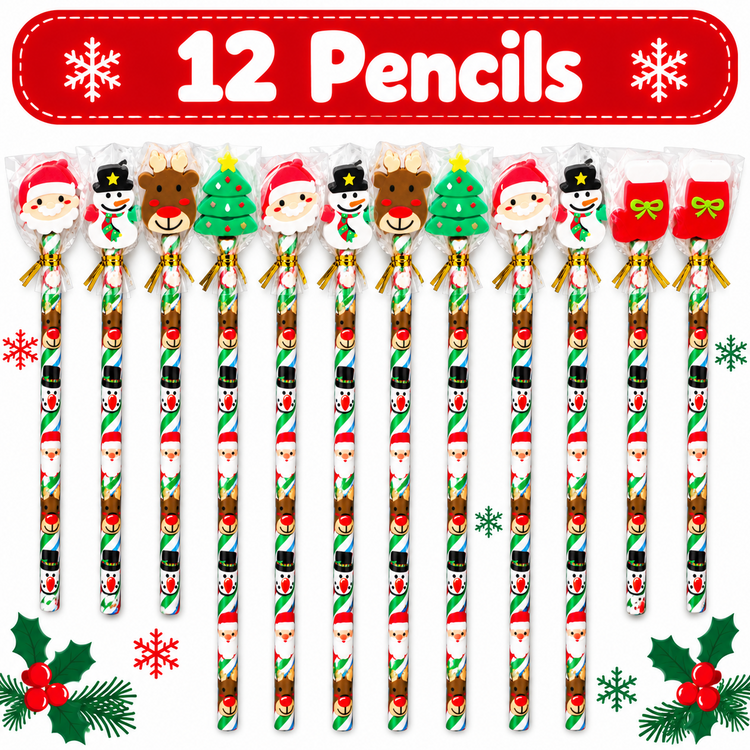 Twelve Christmas-themed pencils arranged in a row on a white background with a red banner at the top reading '12 Pencils.' Each pencil has a festive topper featuring Santa Claus, a reindeer, a Christmas tree, snowman, elf, snowman with red hat, Santa in red coat, red mittens, and holly motifs.